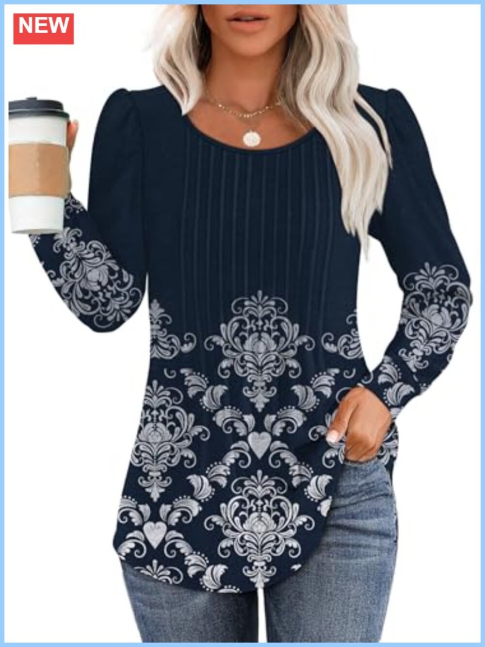 Womens Pleated Scoop Neck Long Sleeve Tunic Top for Leggings